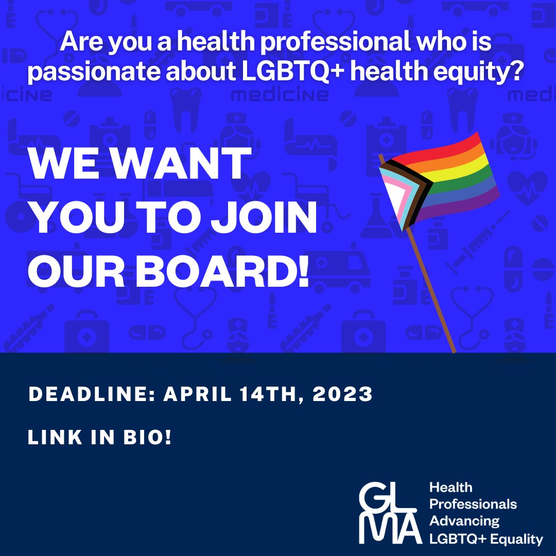GLMA_LGBTHealth's tweet image. Are you passionate about advancing LGBTQ+ health equity? Take the next step in your career by joining the Board of Directors at GLMA: Health Professionals Advancing LGBTQ+ Equality! 
Learn more and apply today at: tinyurl.com/GLMABOARD