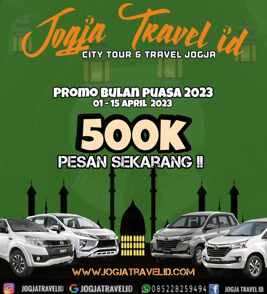 Promo April!!
Ayo buruan di Booking kak!!
#jogjatravelid #sewamobiljogja #paketwisatajogja #rentalmobiljogja #yogyakarta #traveljogja #paketsewamobiljogja #promoramadhan #fyp #WrestleMania #PesanUntukBerbagi #yogyakarta