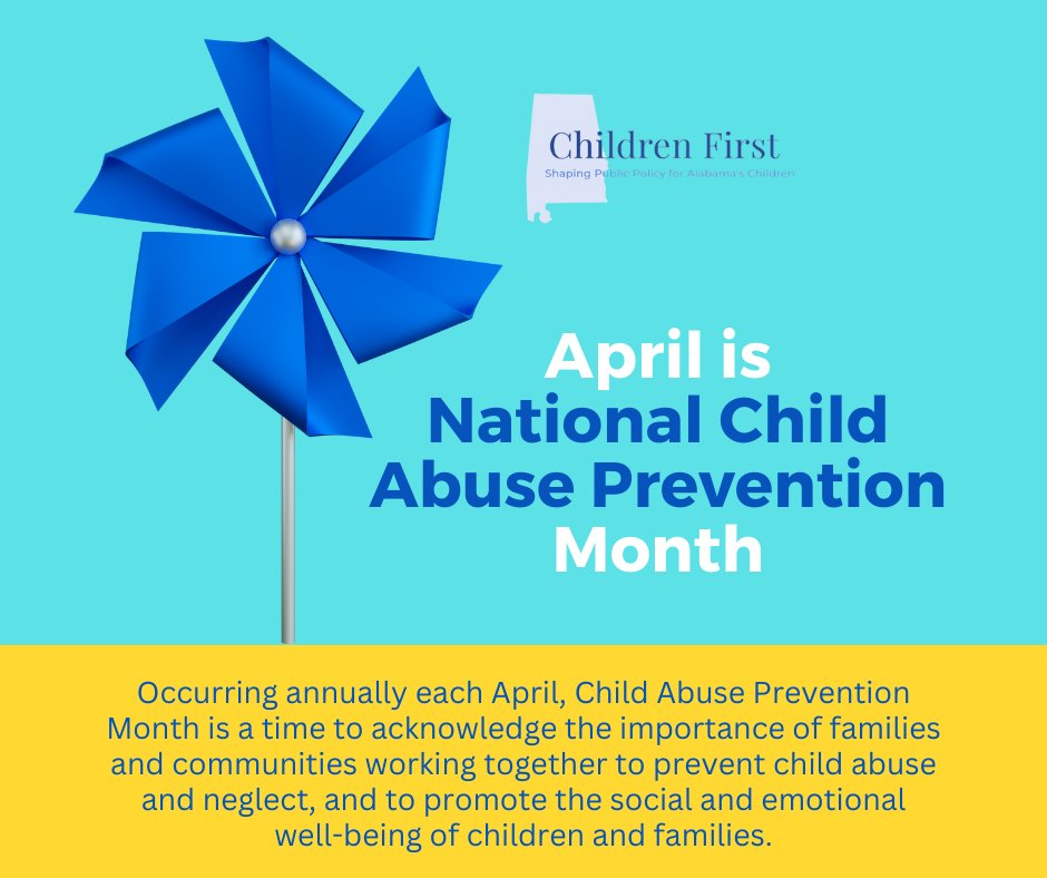 ALChildrenFirst's tweet photo. National Child Abuse Prevention month acknowledges the importance of families and communities working together to prevent child abuse and neglect! We are proud to work with @CTFofAL to keep children safe.
#ALChildrenFirst #ChildAbusePreventionMonth https://t.co/NzGsPodnhU