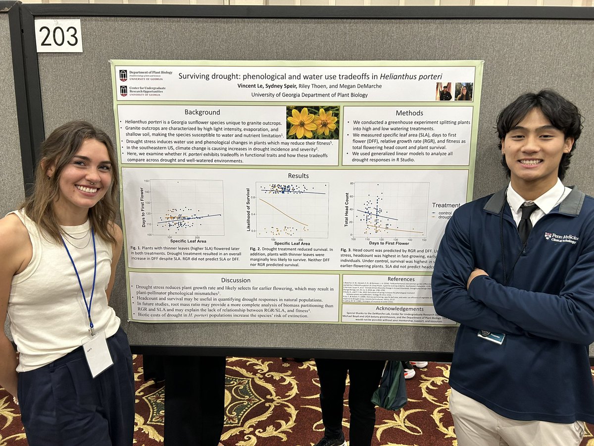 Riley Thoen (@thoen_riley) on Twitter photo Come see <a href="/MeganDemarche/">Megan DeMarche</a> lab members Sydney Speir and Vincent Le present their research at the <a href="/uga_curo/">UGACenter for Undergraduate Research Opportunities</a> symposium to learn about the fate of Helianthus porteri under increasing drought in GA. Come see <a href="/MeganDemarche/">Megan DeMarche</a> lab members Sydney Speir and Vincent Le present their research at the <a href="/uga_curo/">UGACenter for Undergraduate Research Opportunities</a> symposium to learn about the fate of Helianthus porteri under increasing drought in GA.