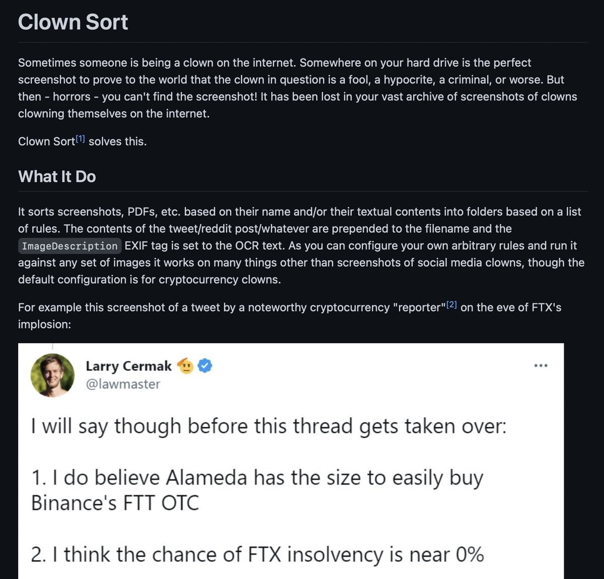 Cryptadamist's tweet photo. #ClownSort 1.2.0 is out. It's a tool that sorts and renames images with text in them. It's particularly good at screenshots of Tweets and Reddit posts.
➤ --only-if-match option
➤ A whole lot of new default sort rules
Ω👇Ω
https://t.co/U8ubr2yrtb https://t.co/t5ER1J6Lsh