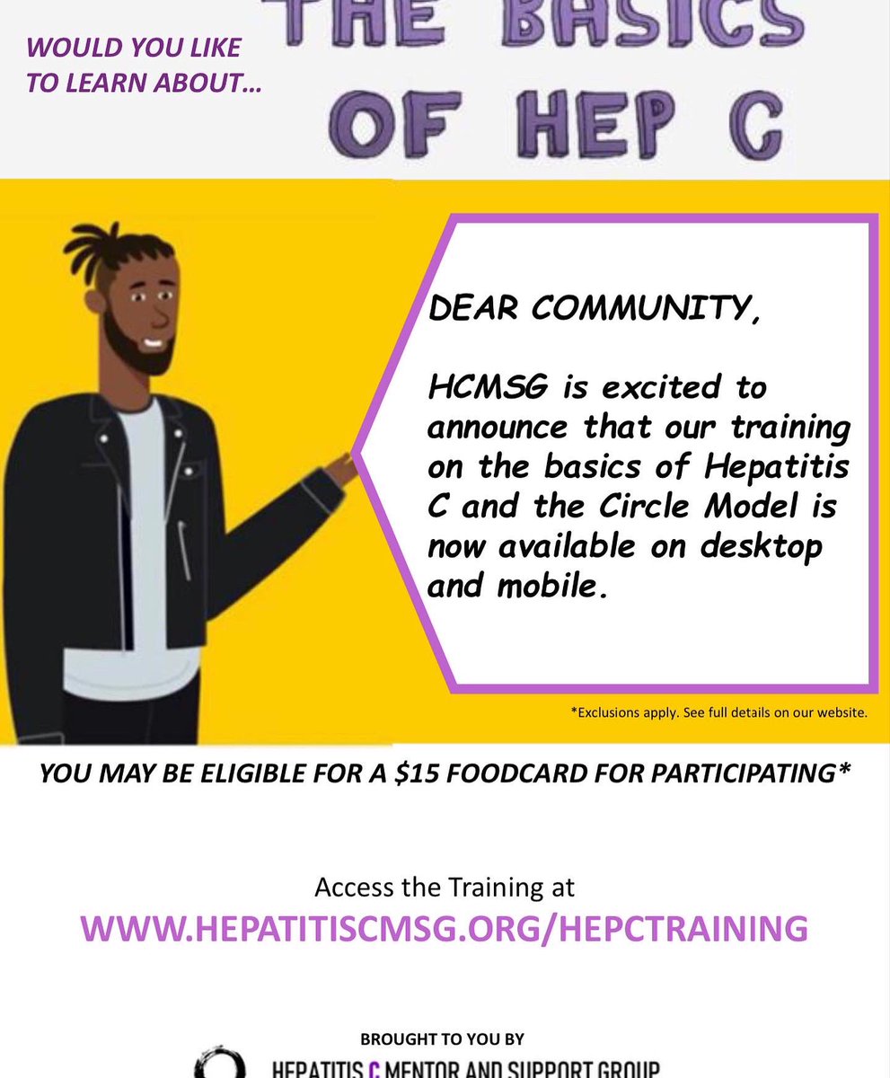 Just a friendly reminder that HCMSG has a short fun video that lets you know about the basics of Hepatitis C. You may be eligible for an incentive!

**Available in Spanish as well**

hepatitiscmsg.org/hepctraining.h…

#HCMSG #hepatitis #hepc