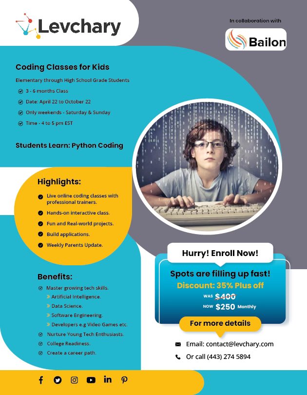 LevChary's tweet photo. Coding Classes with experienced professionals to give your kids a sound background in coding. Sign up now! https://t.co/6bzcmqOivR
