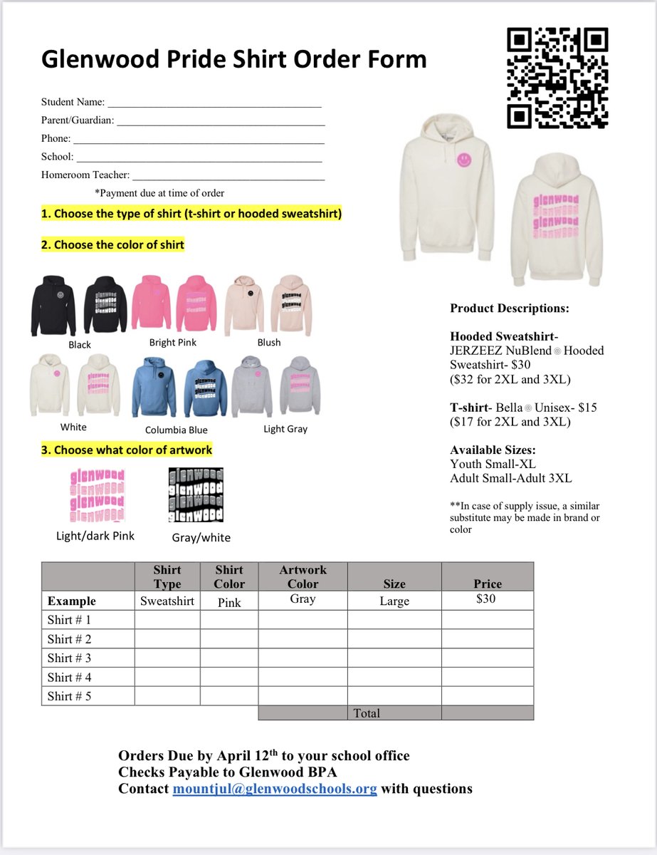 Support our BPA going to Nationals and order your favorite color Glenwood apparel! Click to view the order form- drive.google.com/file/d/1QXuUpF…