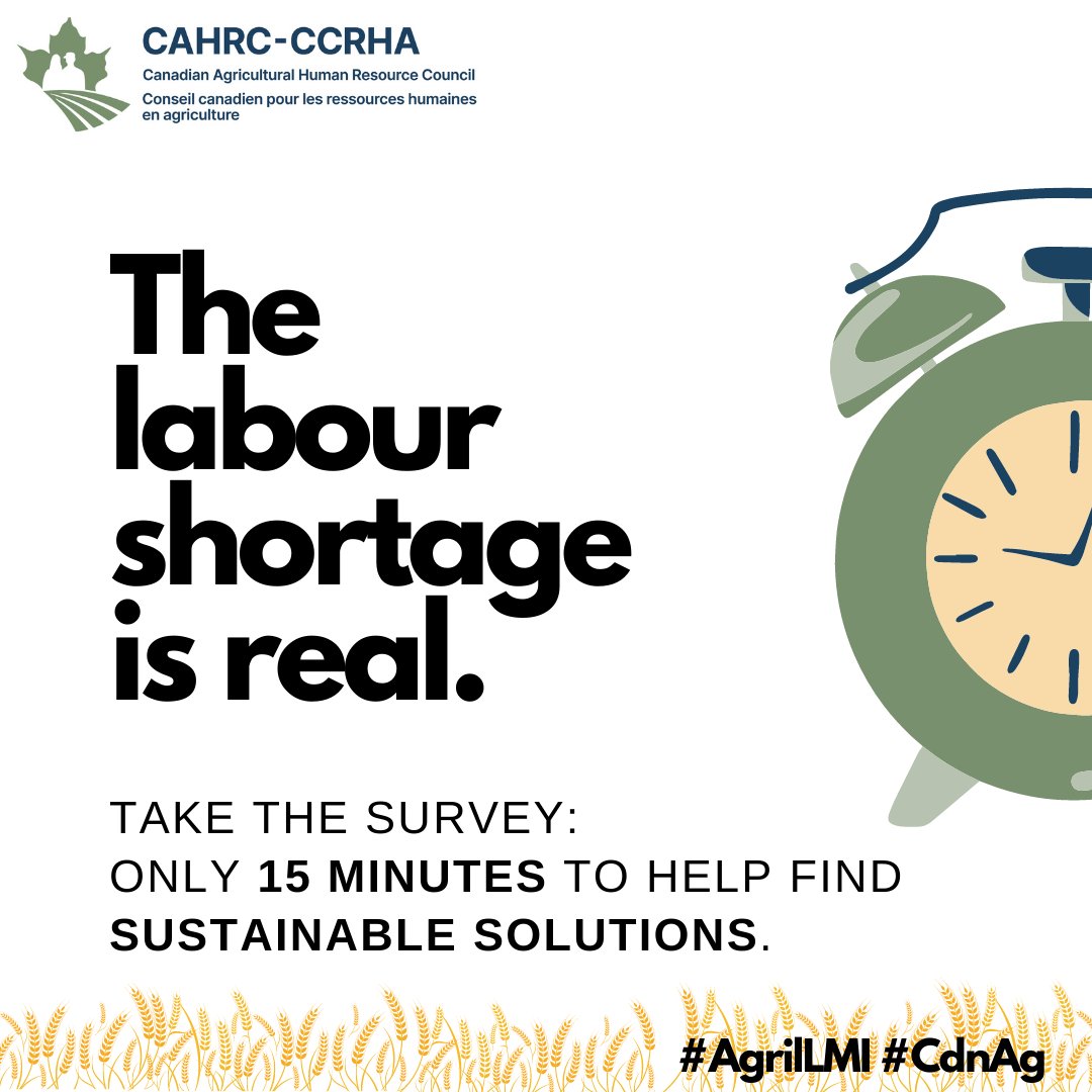 Take the #AgriLMI survey! Complete the Labour Market Information survey TODAY to help ensure a sustainable agriculture workforce. Share within the industry! #AgTwitter #labourshortage #CdnAg --> cahrc-ccrha.ca/agri-lmi-survey