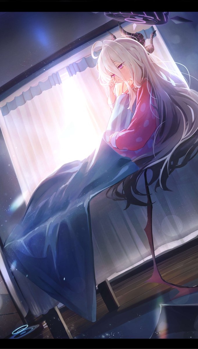 hina (blue archive) 1girl long hair horns solo bed demon horns white hair  illustration images