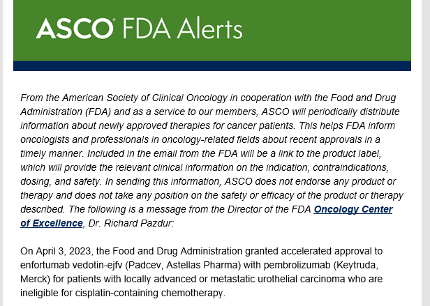 DrChoueiri's tweet photo. JUST IN: The @US_FDA granted accelerated approval to enfortumab vedotin-ejfv (EV) with pembrolizumab  for patients with metastatic urothelial carcinoma  ineligible for cisplatin-based chemo (N=121, ORR 68%, CR 12%, mDOR: 22m). 

Phase III results awaited!

@DanaFarber_GU @OncoAlert @ASCO @OncBrothers @DrRosenbergMSK @DrChrisHoimes