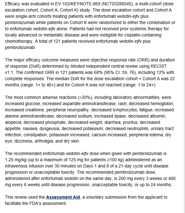 DrChoueiri's tweet photo. JUST IN: The @US_FDA granted accelerated approval to enfortumab vedotin-ejfv (EV) with pembrolizumab  for patients with metastatic urothelial carcinoma  ineligible for cisplatin-based chemo (N=121, ORR 68%, CR 12%, mDOR: 22m). 

Phase III results awaited!

@DanaFarber_GU @OncoAlert @ASCO @OncBrothers @DrRosenbergMSK @DrChrisHoimes