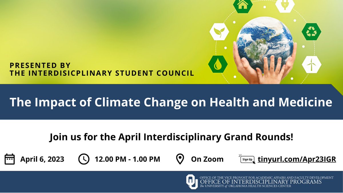 Join us Thursday at noon for the April Interdisciplinary Grand Rounds! This session will feature a panel on the impact of climate change on health and medicine. 
Be sure to register: tinyurl.com/Apr23IGR