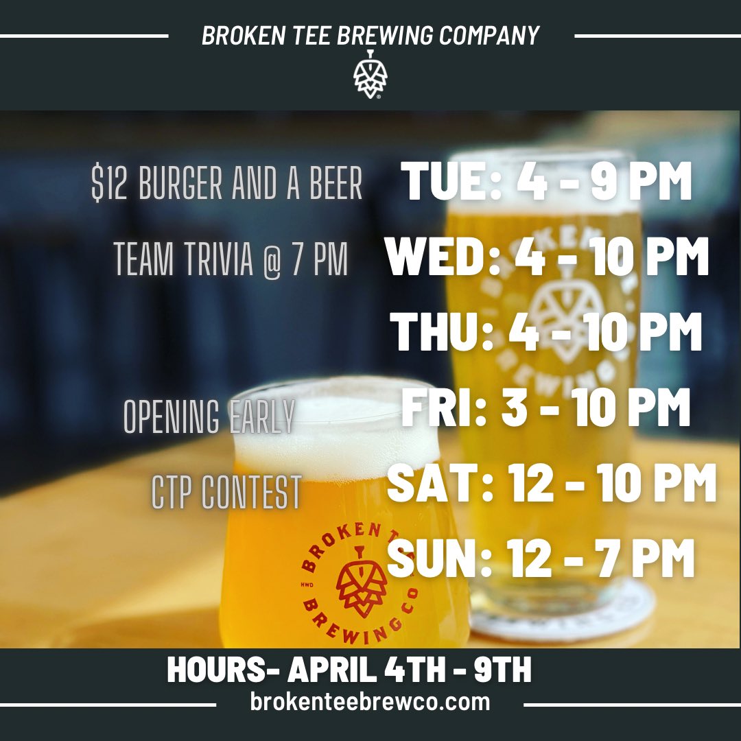 brokenteebrew's tweet photo. MASTERS WEEK SCHEDULE!!
And yes, we will be open Easter Sunday!!
#brokenteebrewco #breweryschedule #masterweek #themasters #beerandgolf #ilcraftbeer #craftbeer #drinkillinois #highwoodillinois https://t.co/2kKs6m6dD6