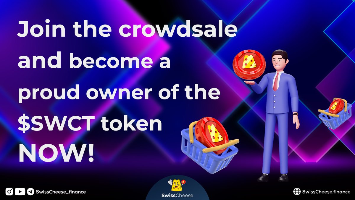 Swisscheese_fn's tweet photo. 📣Attention all crypto enthusiasts! The SwissCheese #crowdsale is now live, and we want YOU to be a part of it.

Don't miss out on this exciting opportunity to invest in the future of #decentralizedfinance.

Join the crowdsale and become a proud owner of the $SWCT token NOW: https://t.co/QKoFUN3hgO