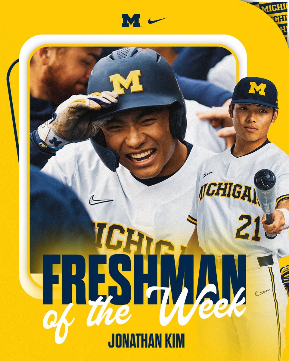 Jonathan Kim is heating up! 

The Wolverines' freshman standout earns Big Ten Freshman of the Week honors after a hot streak at the plate. 

📰: myumi.ch/EPWRN

#GoBlue