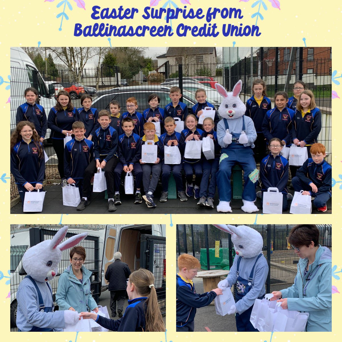 A huge thank you to Danny, the Easter Bunny 🐰 and the team <a href="/BallinascreenCU/">BallinascreenCU</a> for delivering the generous gift of an Easter Egg for every child in the school. Your thoughtfulness is very much appreciated. 🐣