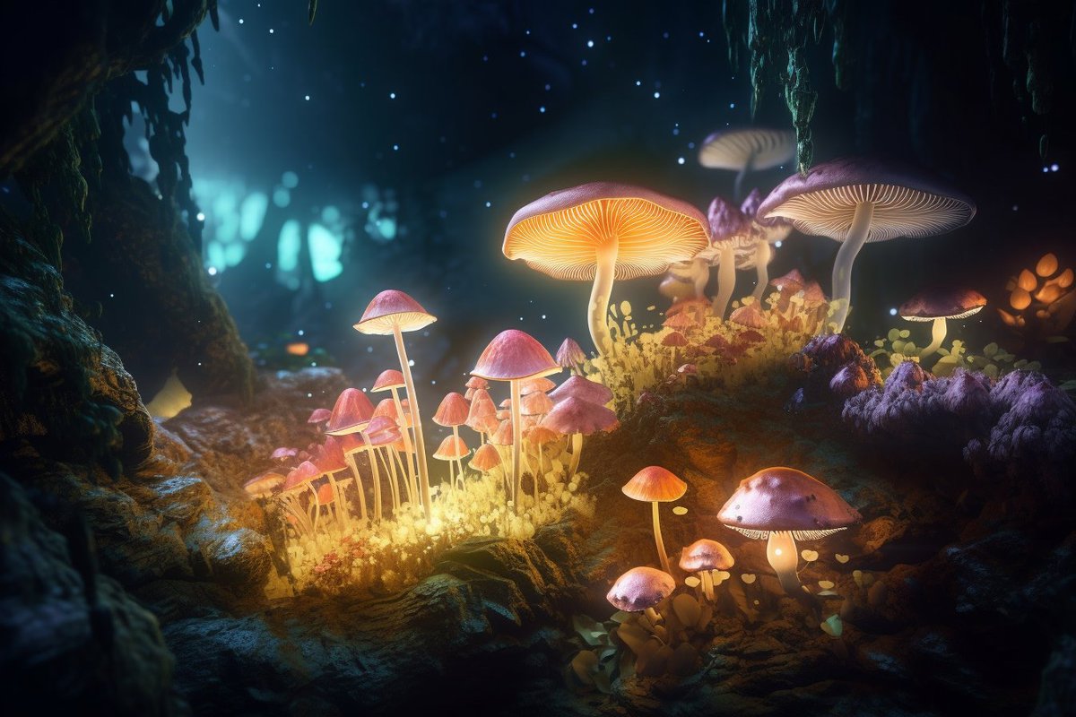 aiwolfpack's tweet photo. Monthly Challenge: subterranean terrain::worlds within worldsThis is an interesting one. I'm enjoying playing around with it. #midjourney #AIART #DiscoveryArtists #aicomp #mushrooms #crazylights https://t.co/IcLtNXH0AS