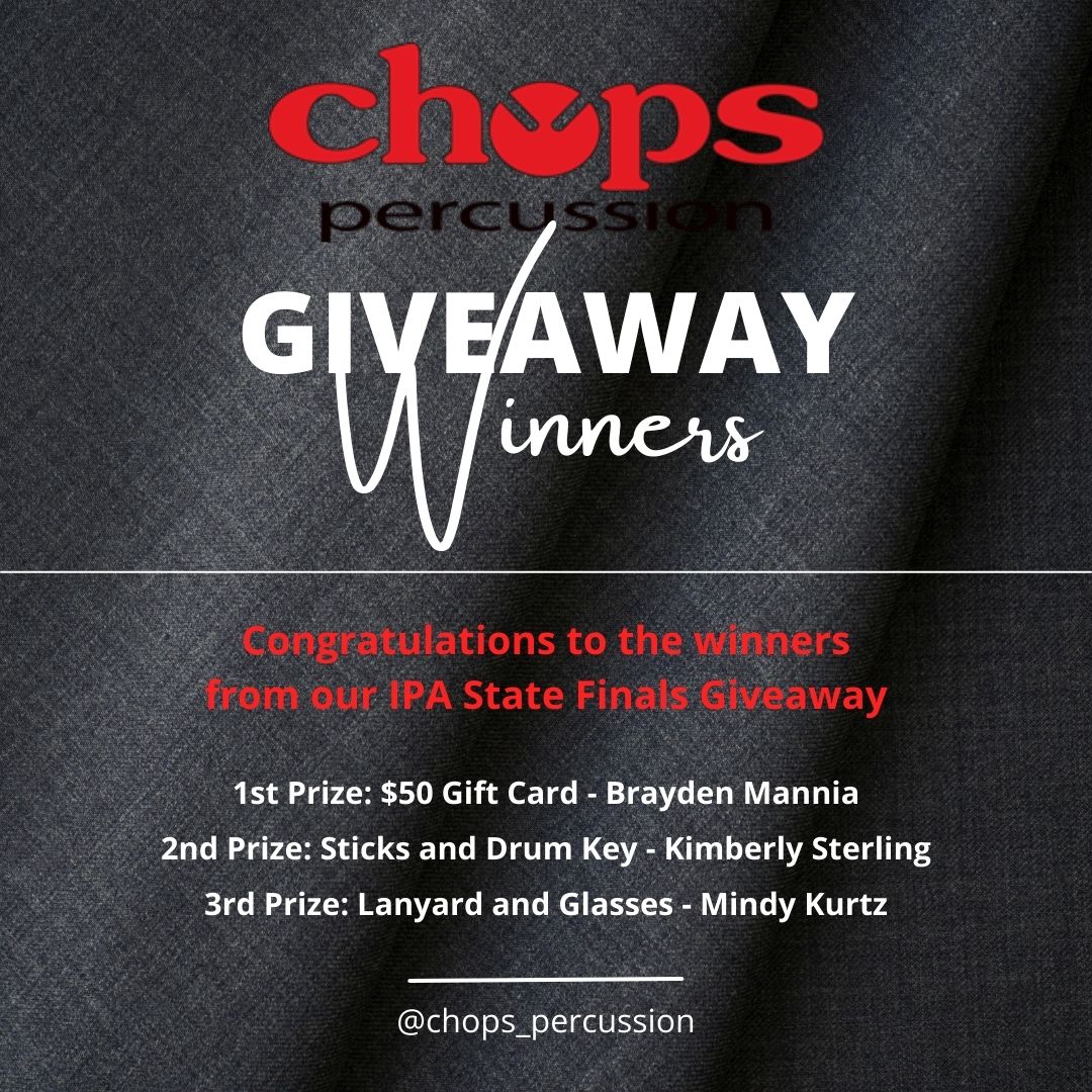 chopsperc's tweet photo. Congratulations to the winners of the giveaway we ran at IPA State Finals this past weekend! We will contact the winners via email later today. Thank you to everyone who signed up! #drumshop #percussion #giveaway #swag #ipa #drumsticks #chopsticks #drumstore #drum #indoordrumline https://t.co/10UMCk4wlk