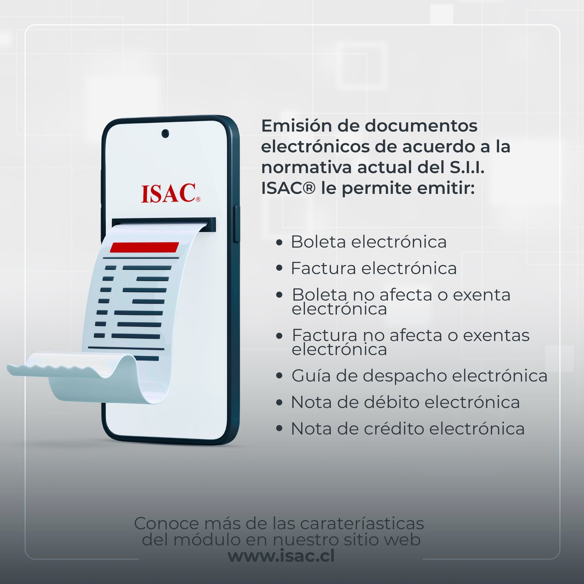 erpisaccl's tweet photo. Módulo: Facturación Electrónica.
- Emisión de DTE de acuerdo a la normativa actual del S.I.I.
- Intercambio, envío automático de DTE emitido una vez aceptado por el S.I.I.
- Genera archivo cesión de facturas.

Conoce más en: https://t.co/4dTLvYVtmo

#ISAC #FacturaciónElectrónica https://t.co/eqhtupm9sJ
