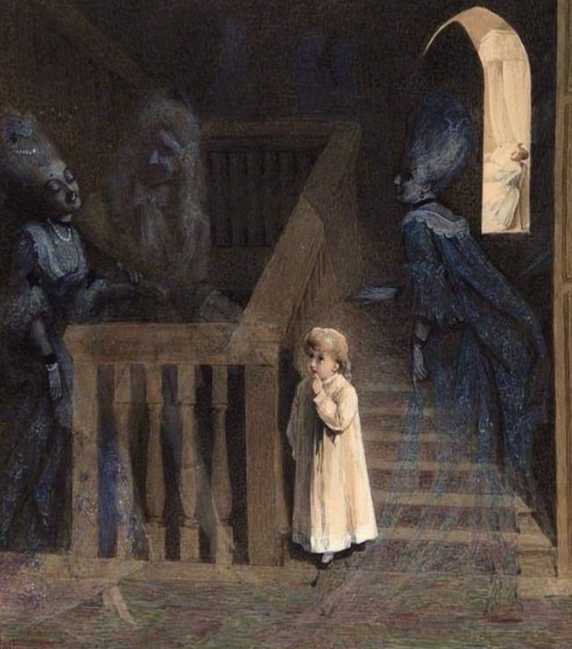 AcademiaAesthe1's tweet photo. The Ghost Party on the Stairs. Painted by Adelaide Claxton (1841-1927). https://t.co/fL4TbDFdrk