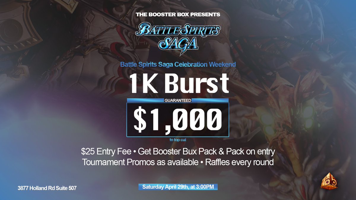 boosterboxtcg's tweet image. April  Fools is over! Let's get to serious business ^_^ Battle Spirits Saga is  out soon and The Booster Box is celebrating the release with an awesome  series of events during release weekend!

#battlespiritssaga #hobbystore #cardstore #hobbyshop #VirginiaBeach