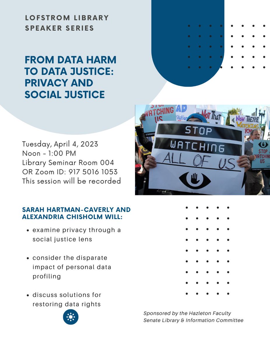Digital_Shred's tweet photo. Join us T O M O R R O W for @psulibs Hazleton Library Speaker Series session, From Data Harm to Data Justice: Privacy and Social Justice!
👁‍🗨Tues. 4/4 noon-1pm ET via Zoom. More details:
https://t.co/kafgMf2KGb https://t.co/CwcOrotssK