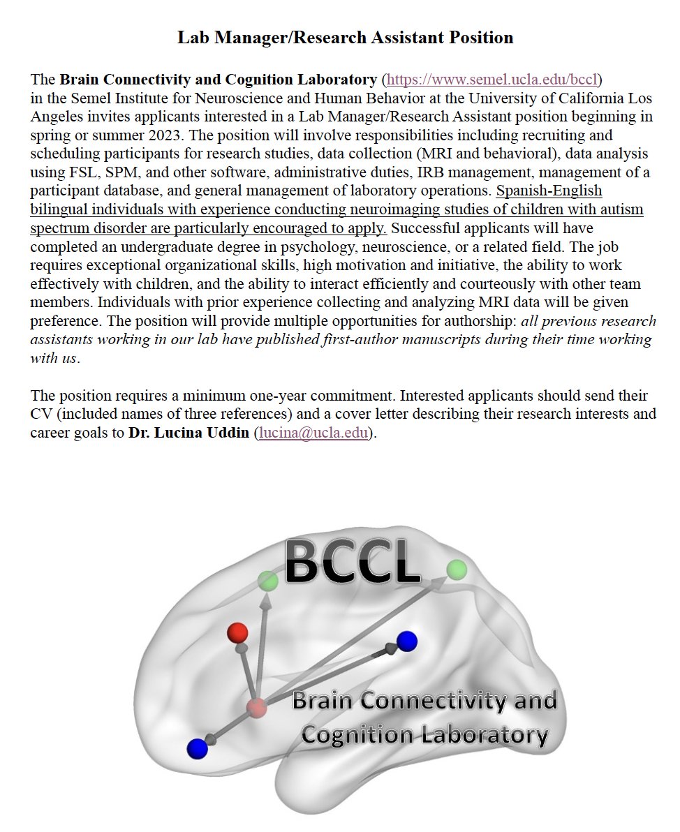 BCCL is hiring a lab manager! Please RT and share. We are particularly interested in Spanish-English bilingual individuals who have experience conducting neuroimaging studies of children 🧠 <a href="/OHBM_Trainees/">OHBM Trainees</a> <a href="/FluxSociety/">Flux Society</a> <a href="/CogNeuroNews/">CNS News</a> <a href="/AutismINSAR/">International Society for Autism Research, INSAR</a> <a href="/SOBP/">Society of Biological Psychiatry</a>