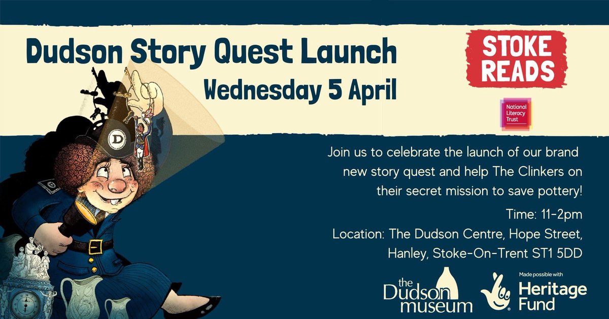 Dudson Story Quest Launch Wednesday 5th April @Literacy_Trust 
facebook.com/events/s/dudso… #halftermactivities  #dudsonmuseum #stokereads