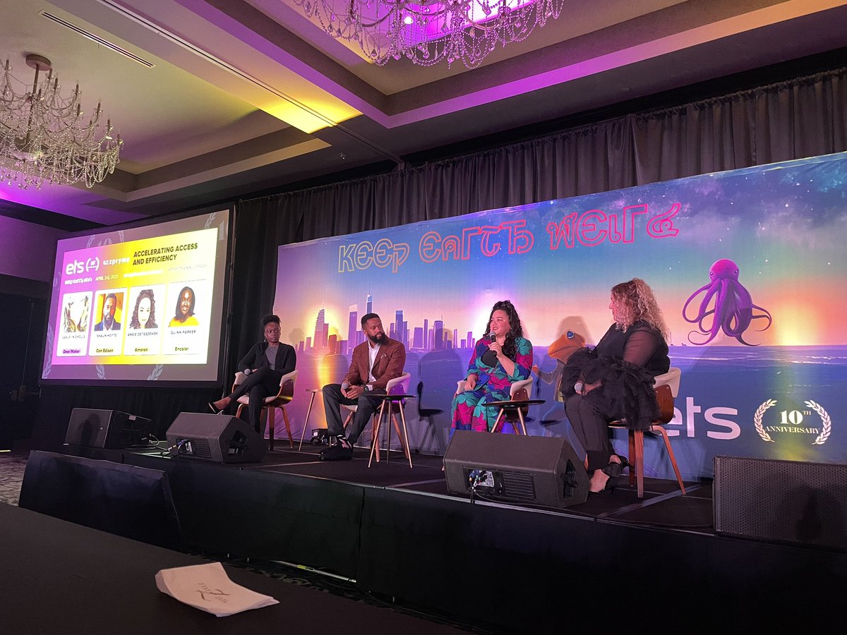 ErinAutin's tweet photo. 🔥🔥first panel at #ETS23. Angie Ostaszewski, Quinn Parker, & Shaun Hoyte are all working to accelerate energy equity and access in creative ways.
“How do we be more inclusive within this box? Well we need to change the dang box” - Angie #keepearthweird https://t.co/zhAxiXwYW2