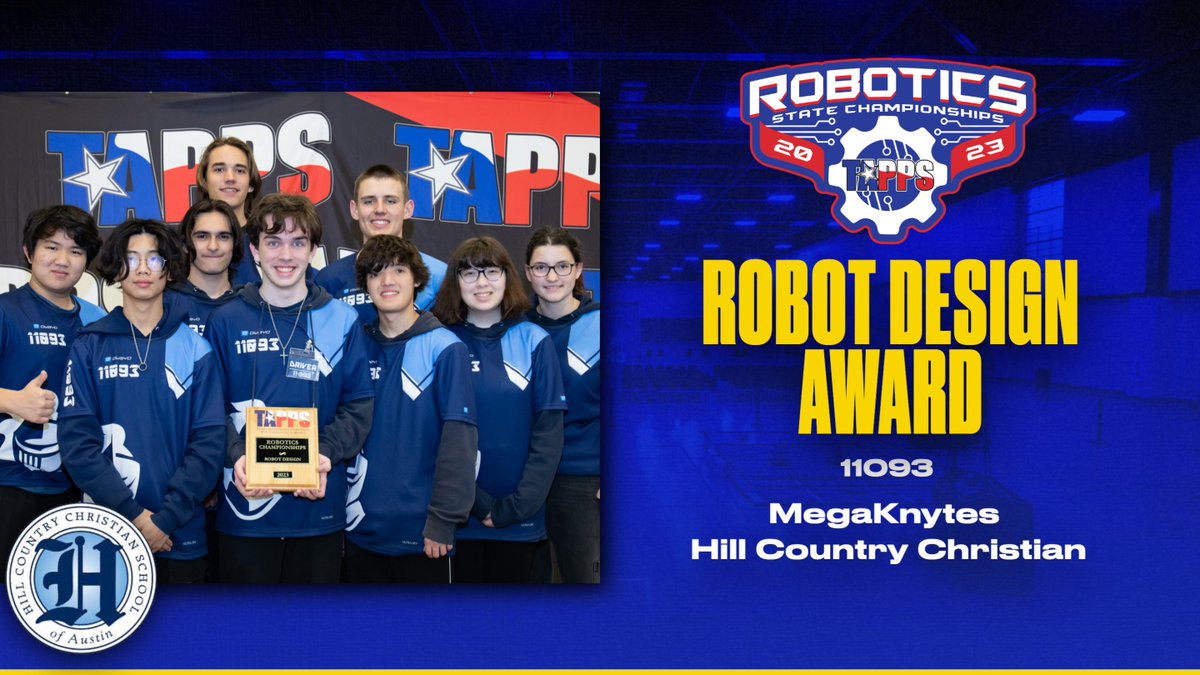 TappsRobotics's tweet image. Congratulations to Team #11093, the MegaKnytes of Hill Country Christian, winners of the #TAPPSrobotics 2023 Robot Design Award! @HillCountryChr