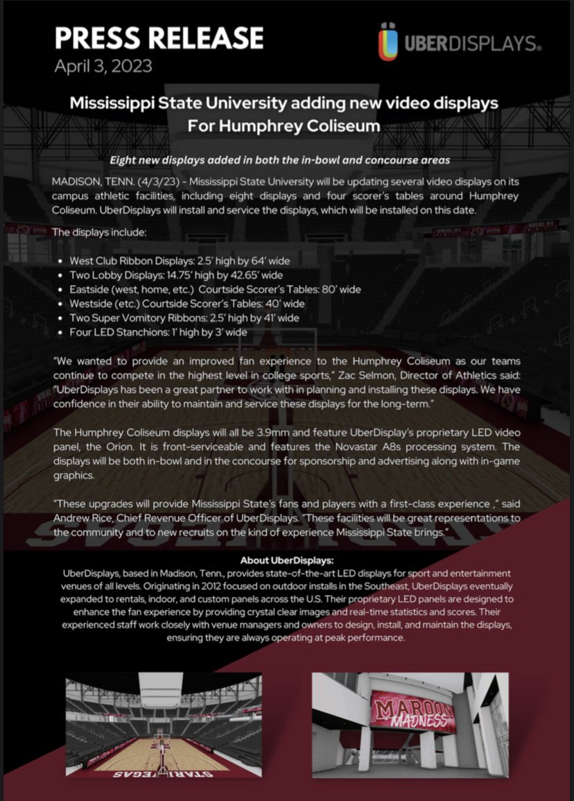 UberDisplays's tweet photo. Excited to share one of our latest jobs at @msstate ! Read this press release to find out more about what we’re installing in the Humphrey Coliseum!
#uberdisplays #videodisplay https://t.co/Xgmfgaqpzm