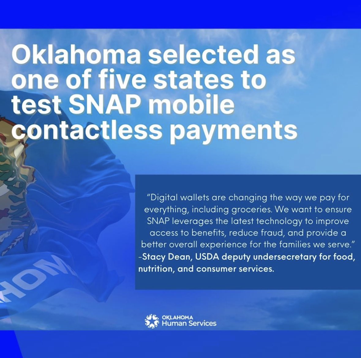 jbrownokc's tweet photo. @okdhs is fired about about being named as one of the five states to pilot mobile payment options.  This is just one of the incredible opportunities ahead to modernize technologies in human services. https://t.co/MrnN4DzoCE