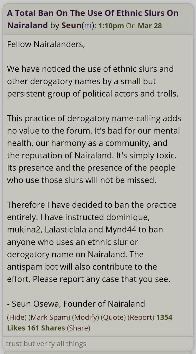 seunosewa's tweet image. We decided to recognise the practice of using derogatory slurs against ethnic &amp;amp; political groups  as an unacceptable violation of Rule 2 of Nairaland. Offenders will be punished harshly. We'll no longer allow Nairaland to be reduced to the level of the people who use such slurs.