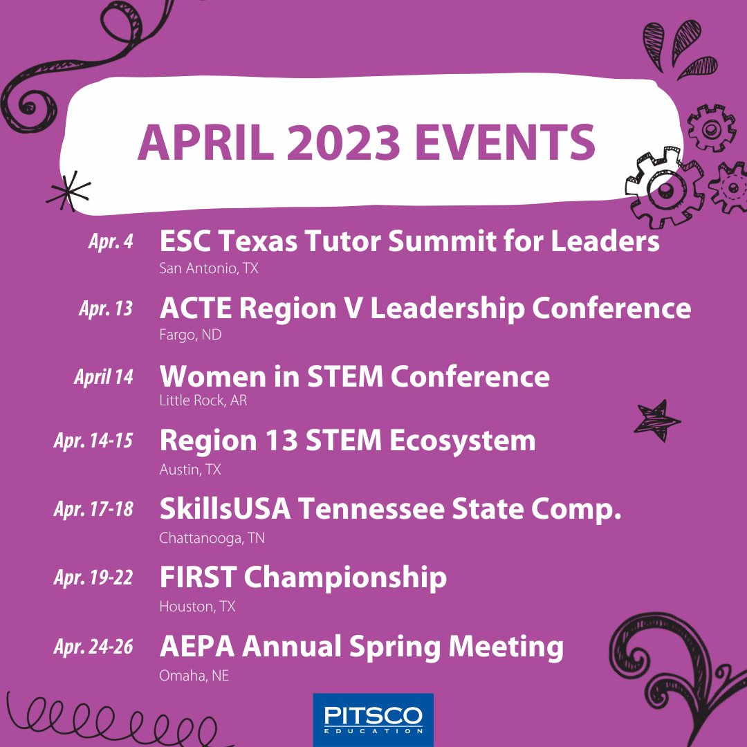pitscoed's tweet photo. 📍🗺 Oh, the places we'll be this month!
Check out all the events we have going on in April. Let us know below if you'll be attending any of these shows!
#teacherconferences #teacherevents https://t.co/OgzcuJ0GGd