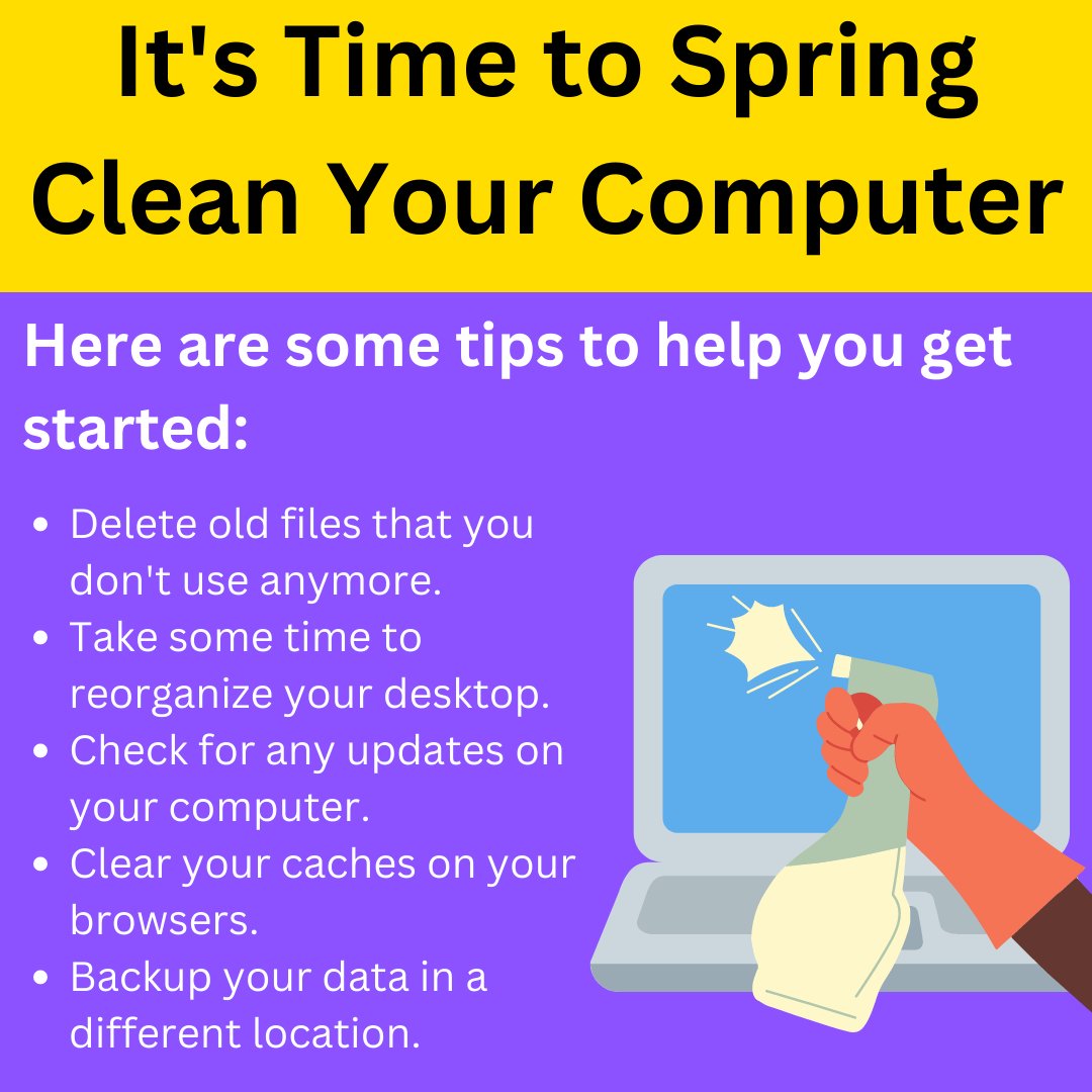 TNTechCEROC's tweet image. Spring is here, and it&apos;s a perfect time to clean up your computer! Cleaning your computer can help it run faster, last longer, and even protect it from attacks! Here are some tips on ways to start cleaning your computer today. #tntech #tntechceroc #cybersecurity