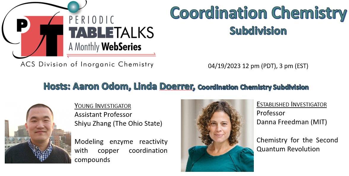 Join the coordination chemistry party with @ZhanggroupOSU and @FreedmanLab for an awesome periodic table talk @ACSINORDivision! You won't want to miss this virtual seminar, so register now: unr.zoom.us/meeting/regist… #PeriodicTableTalk #CoordinationChemistry