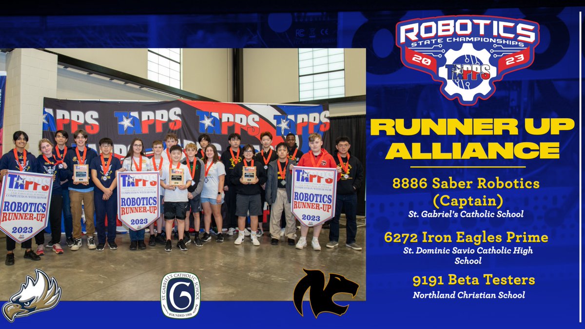 TappsRobotics's tweet image. Congratulations to our #TAPPSrobotics 2023 Runner-Up Alliance: Team #8886, Saber Robotics of St. Gabriel&apos;s Catholic School, Team #6272, Iron Eagles Prime of St. Dominic Savio Catholic High School, and Team #9191, Beta Testers, of Northland Christian School!