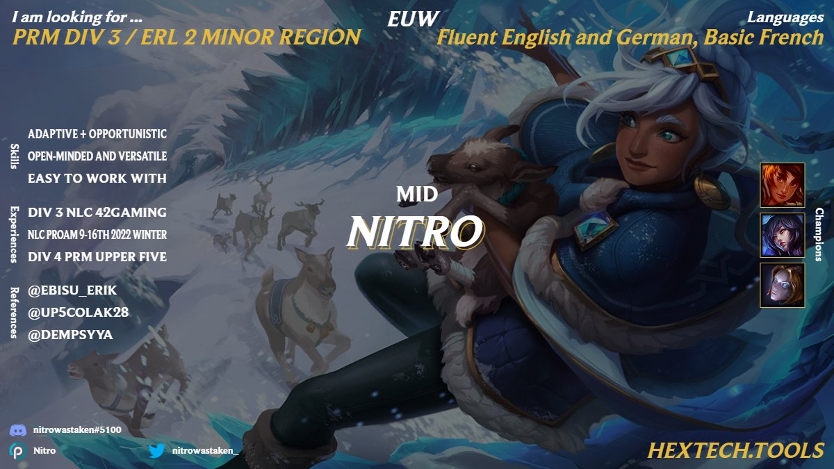 nitrowastaken_'s tweet image. After a fun split in Div 4 PRM with @Upper_Five, i am now LFT.

Mainly LF PRM 3

Contact possibilities attached in the image.

lolpros.gg/player/nitro

References:
@ebisu_erik 
@UP5Colak28 
@dempsyya 

VODs upon request

❤️ &amp;amp; 🔁for a kiss on the cheek. 😘

@lft_prime