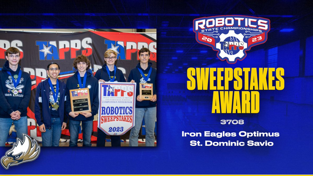 TappsRobotics's tweet image. Congratulations to Team #3708, Iron Eagles Optimus of St. Dominic Savio, your (first ever!) #TAPPSrobotics Sweepstakes Award winner!