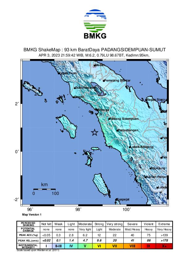 daryono_eq_talk's tweet photo. Gempa Mag:6.4, 03-Apr-23 21:59:43 WIB, Lok:0.86 LU,98.73 BT, Kedlmn:102 Km dirasakan IV-V MMI di Aek Godang, Padang Sidempuan, Pinangsori ; IV MMI di Pasaman Barat, Agam ; III-IV MMI di G. Sitoli, Nias, P. Banyak ; III MMI di Telo, Tapanuli, Aceh Selatan, Padang, ::BMKG https://t.co/GvmQG9EWe7