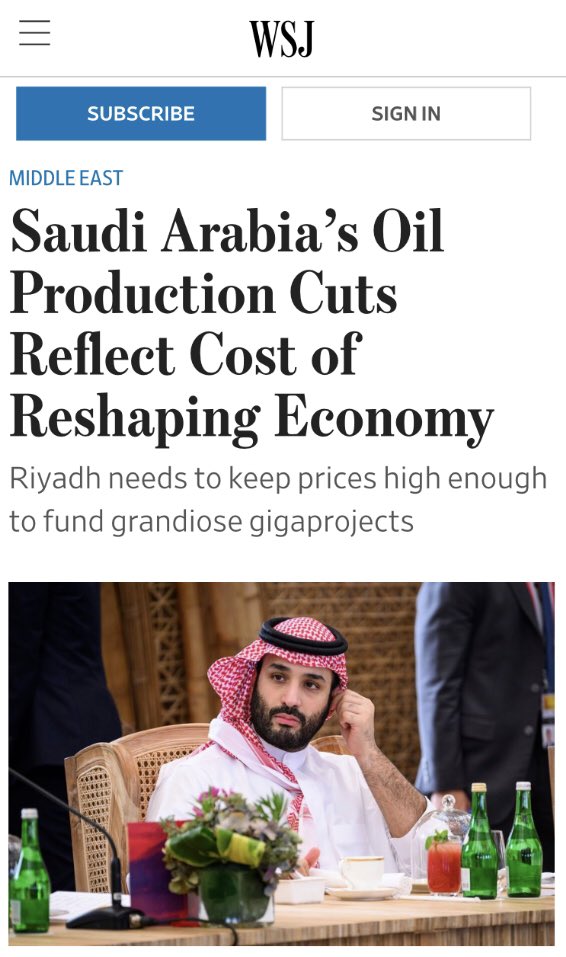 CressFiles's tweet image. WSJ: قرار خفض الإنتاج الأخير إشارة واضحة بأن الأمير محمد لا يزال ملتزمًا بتطبيق سياسة "السعودية أولًا“ والتي تهدف إلى إعطاء الأولوية للمصالح الوطنية في وقت يتزايد فيه عدم اليقين بشأن التزام الولايات المتحدة بالدفاع عن حلفائها في الشرق الأوسط.
- تحدث السعوديون أواخر العام الماضي…