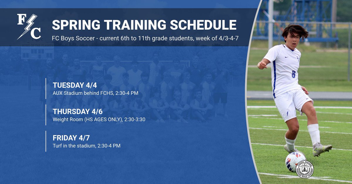 FCFlashesSoccer's tweet photo. Boys Soccer Spring Training begins this week! 

Additional details are sent weekly by email. 
Contact Shawn.Hibbitt@ftcsc.org to be added to the email list. https://t.co/3Is7IcNDv4