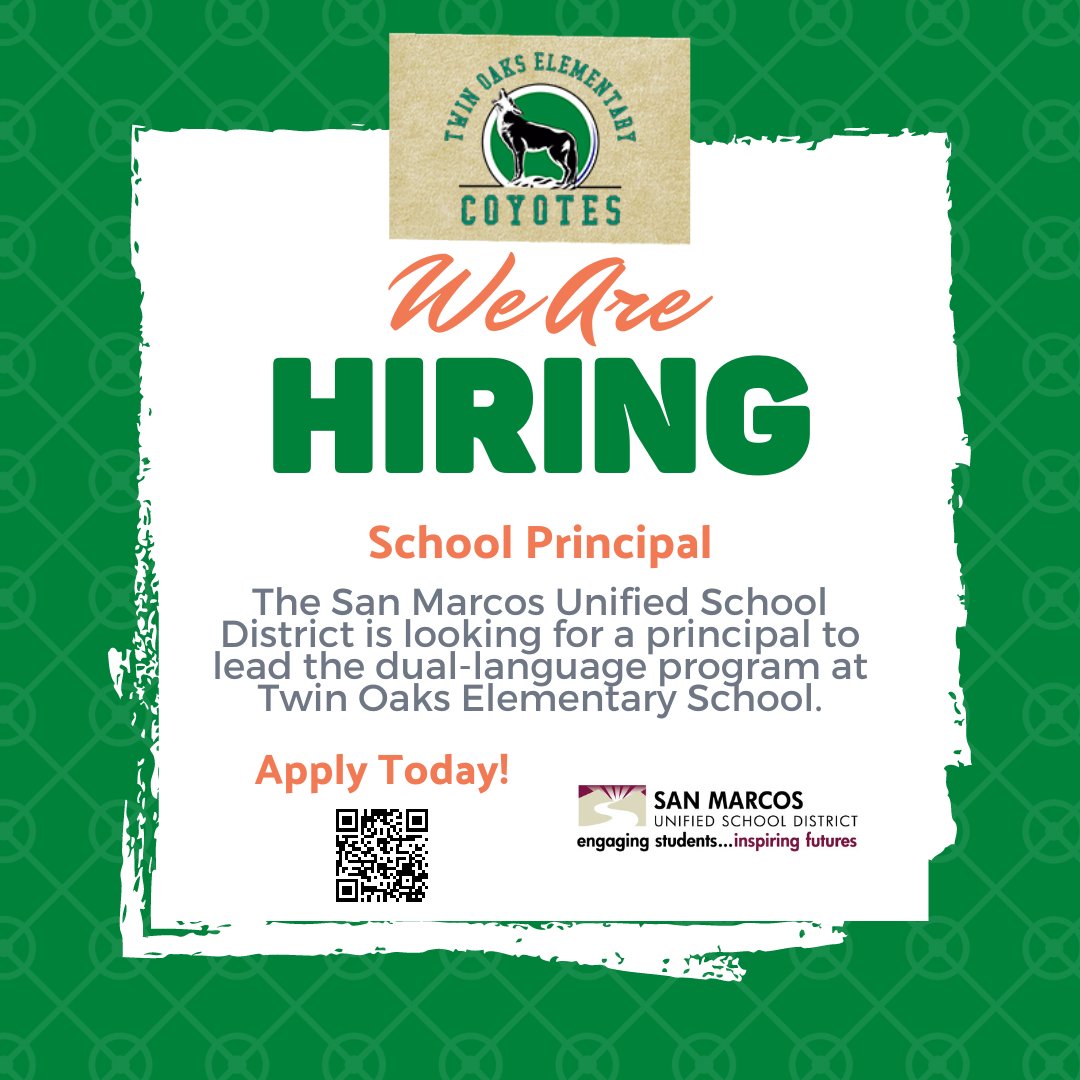 Our unique dual language school, Twin Oaks Elementary School, is looking for the next dynamic Principal to lead the school into the future.

For more info. on this opportunity, please click here: edjoin.org/Home/DistrictJ…
#dualimmersion #duallanguage #bilingual