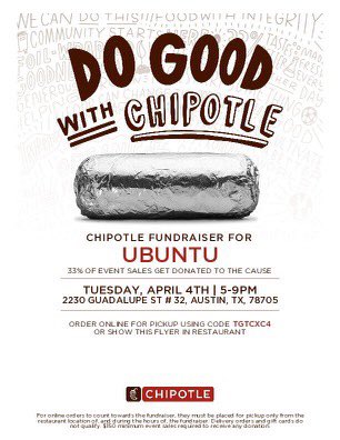Hey Ubuntu family! We are having a profit share with <a href="/chipotle/">Chip Clark</a> this Tuesday, April 4th from 5-9pm. Please be sure to come out, grab a bite, and support your favorite dance org ! 😋