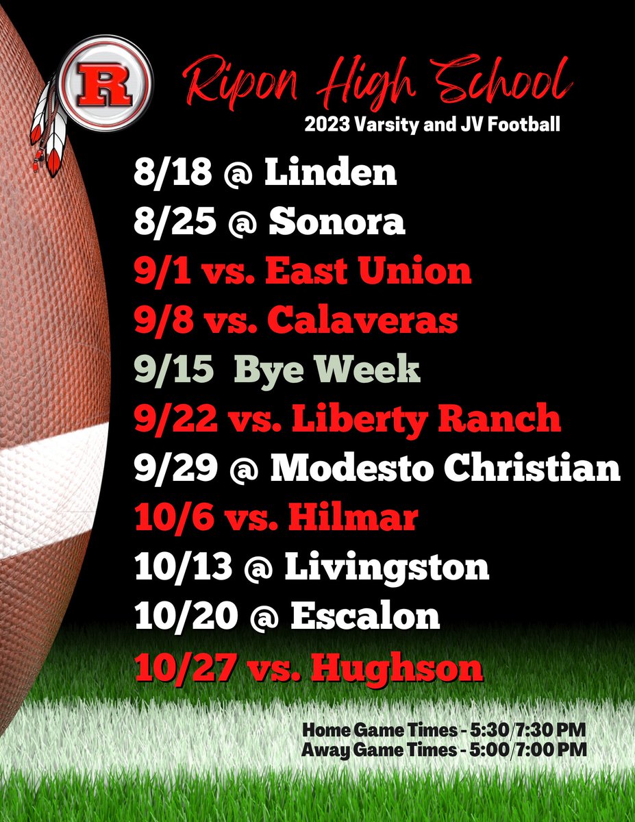 🏈 2023 Ripon High Varsity and JV Football Schedule (changes will be updated when they are scheduled - e.g. MC JV game) @chris_musseman @riponstrong @TVLfootball @MantecaSports @Hughsonfootball @EUHS_Lancers @LRHS_Athletics_ @hilmarfootball @EscalonFootball @LHSPackFB