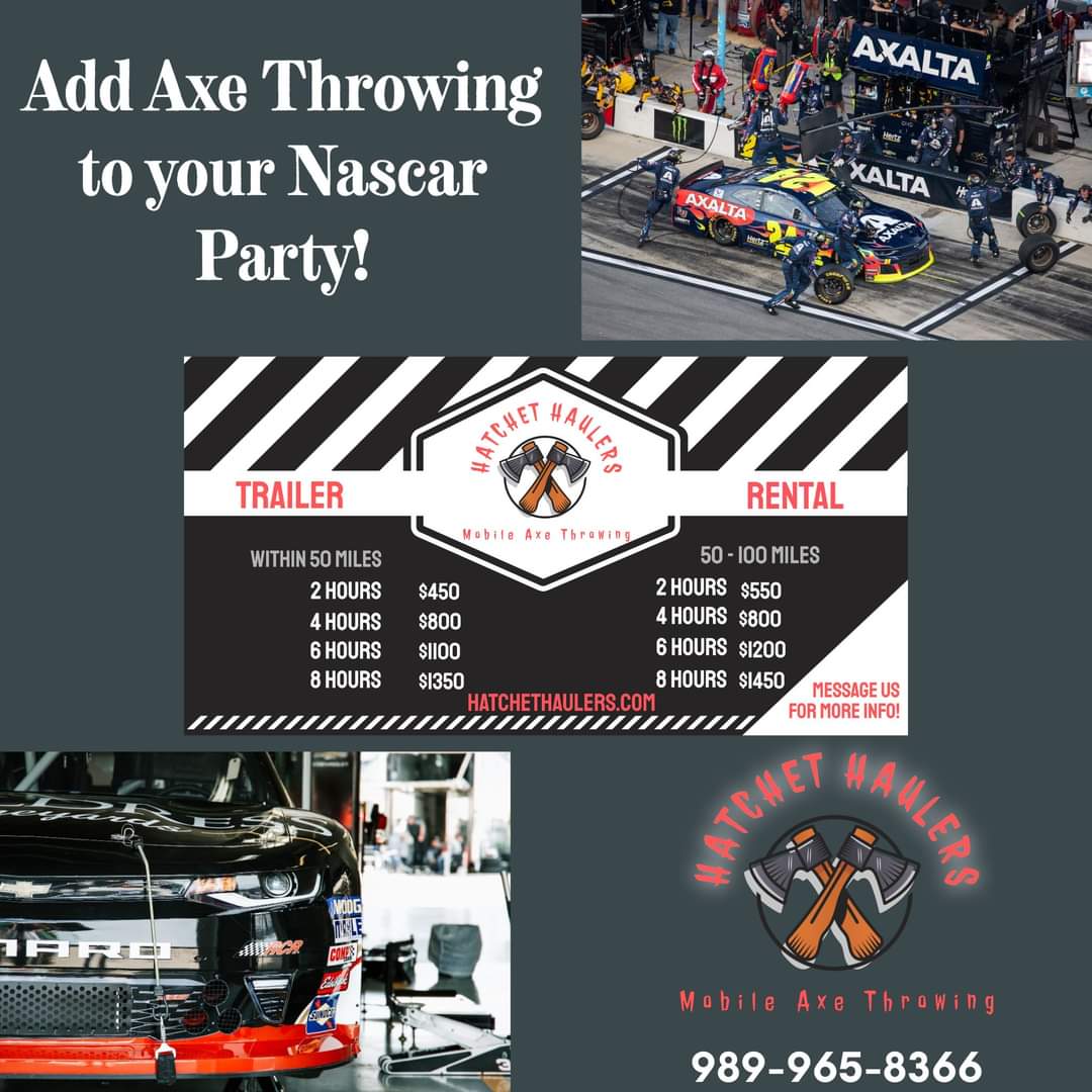 DarkDays79's tweet photo. Calling all Nascar fans! What better way to add excitement to your Nascar party than throwing axes with your friends! Challenge fellow fans and see who can take the Axe Throwing title! #Nascar #AxeThrowing #MobileAxeThrowing #HatchetHaulers #BookNow https://t.co/nhlqMjKC1n