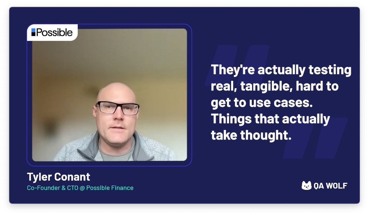 QAWolfHQ's tweet photo. QA Wolf gives the engineers @possiblefinance full confidence in each release, which helps them move faster and multiplies the impact that marketing, ops, and the rest of the company can have on customers. https://t.co/dwcG5zqBeq https://t.co/27h12uiY0B