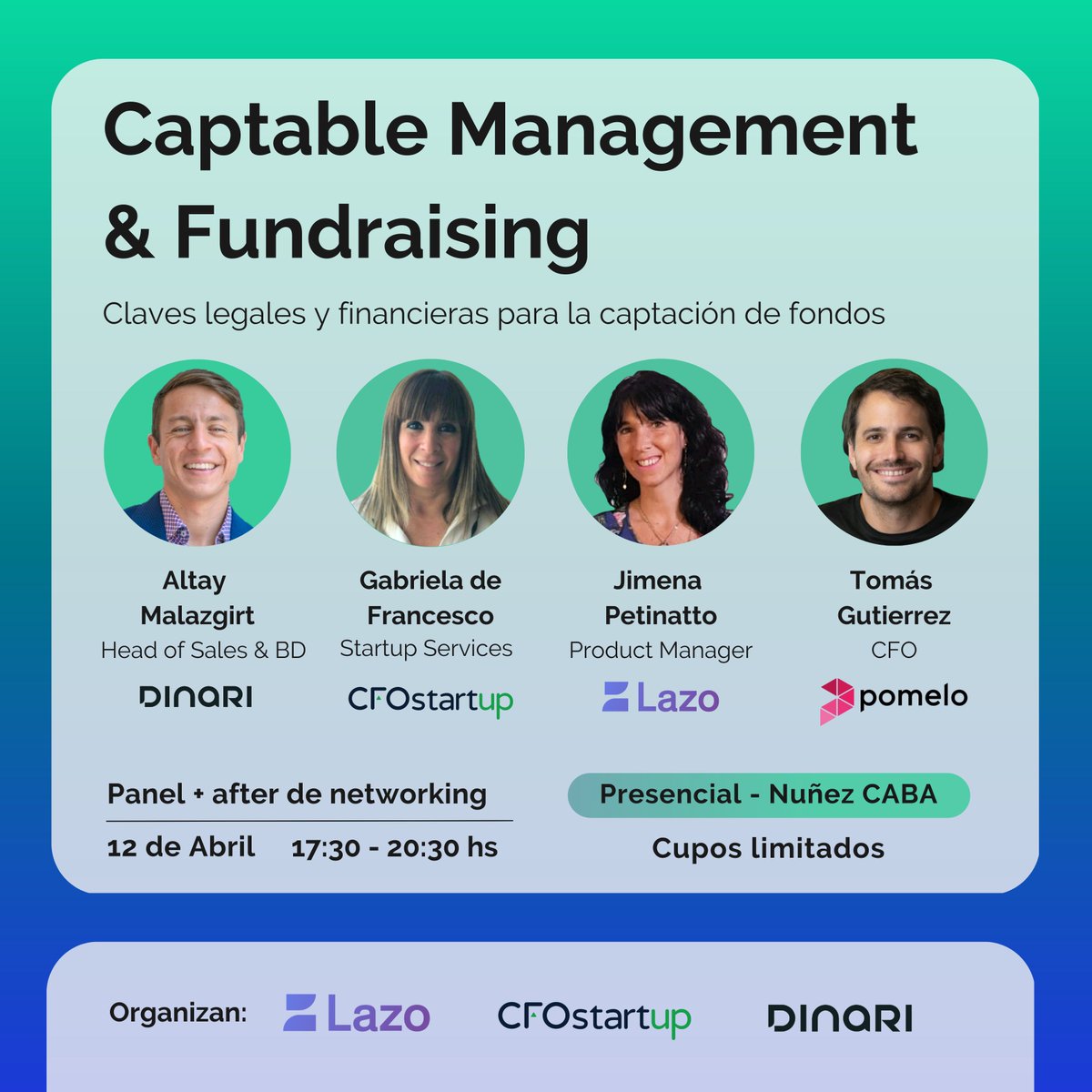 cfostartup_'s tweet image. ¿Queres aprender los basics sobre #Fundraising y #CaptableManagement?  No te pierdas el #debate que organizamos con @LazoUs  y @DinariEquity !⁣🚀

🗓️ 12/04/2023⁣
⏰ 17:30 - 20:30 hs⁣
📍CABA.
⁣
Los cupos del #evento son limitados! 👉 Link: lu.ma/CFOstartupDina…