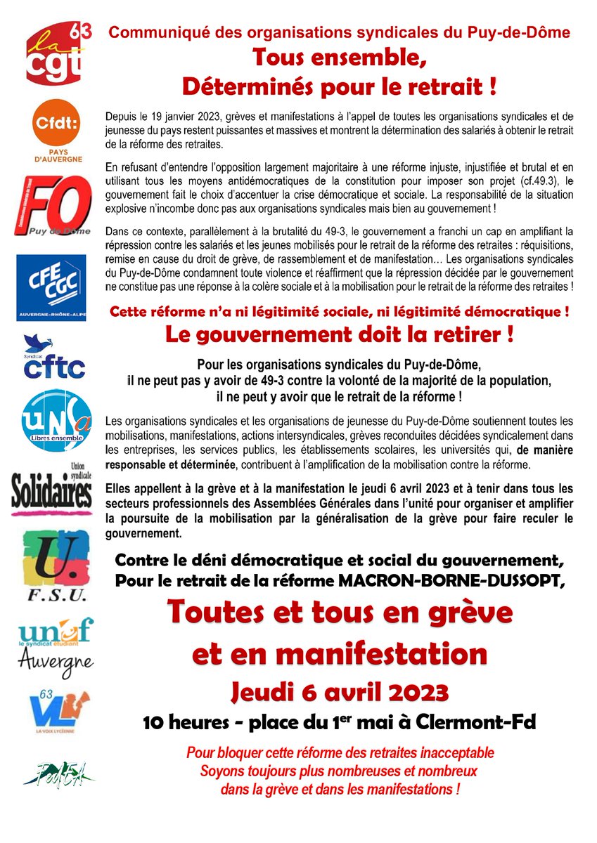 udcgt63's tweet photo. L'heure est plus que jamais à la poursuite, à l'amplification et à la reconduction du processus de mobilisation contre la #ReformeDesRetraites 
#06avril : ensemble jusqu'à la victoire ! https://t.co/kobwtmPYY9 https://t.co/iXbHTpbnGF