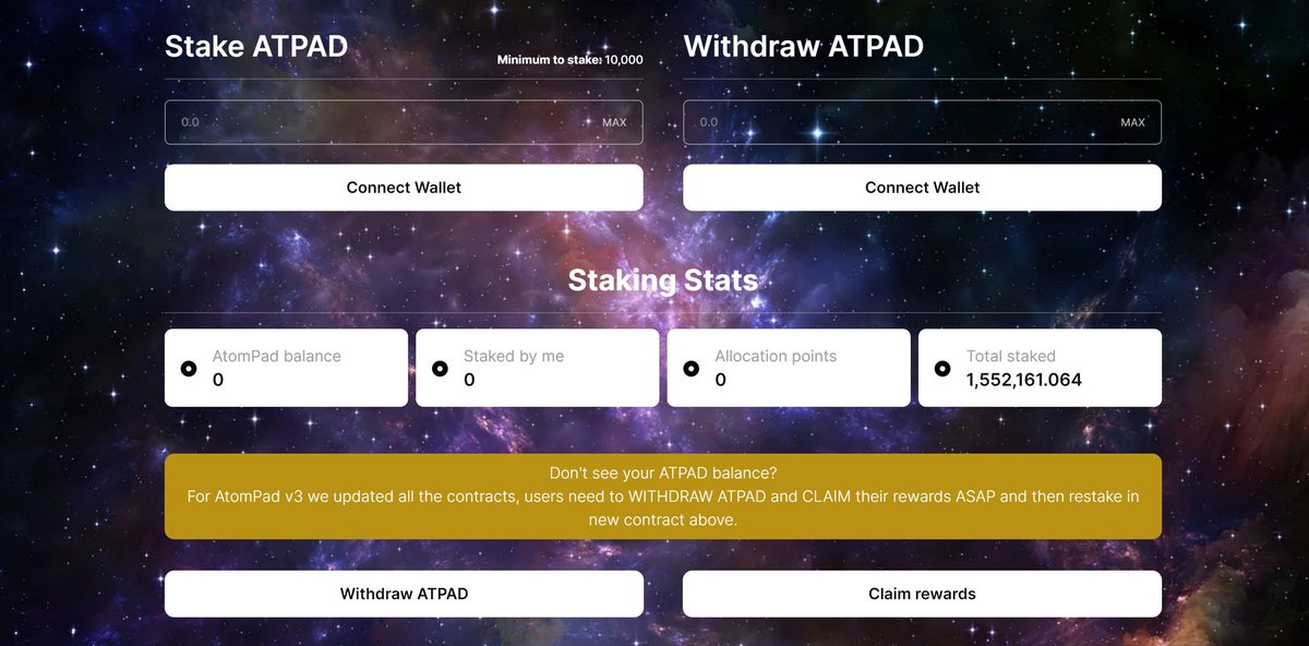 atompad_io's tweet photo. 📣For AtomPad v3 ⚛️ we have updated all the contracts!

📣Users MUST go to https://t.co/FCxugONh46 and:
1️⃣WITHDRAW $ATPAD.
2️⃣CLAIM staking rewards.
3️⃣RESTAKE in new contract.

📣Minimum to stake is 10,000 $ATPAD!

📣Old staking contract does NOT provide staking rewards anymore. https://t.co/3UmipCUiak