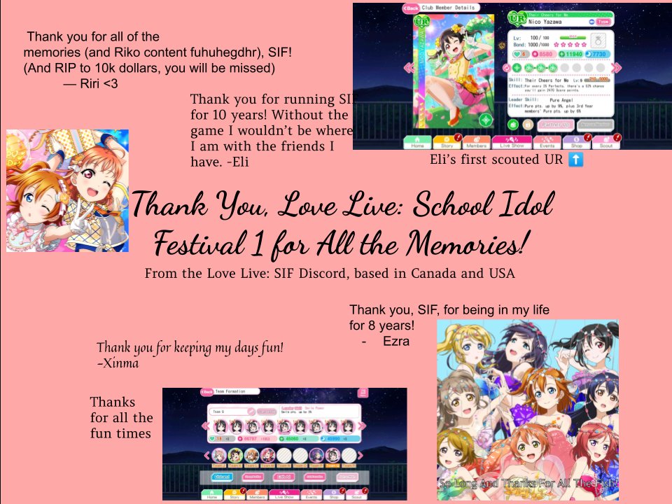 elliaustr's tweet photo. Thank you, SIF 1 for all the memories! @LoveLive_staff @lovelive_SIF_GL Thank you from the LLSIF players in Canada and USA https://t.co/6lOXl2ifir