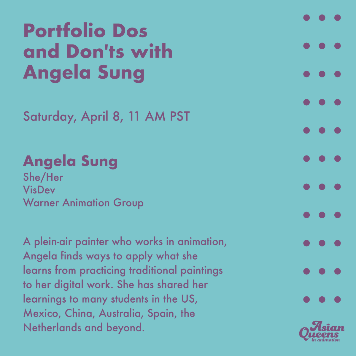 AsianQueensAnim's tweet photo. Hey there Queens! Join us for a talk with Angela Sung to learn all about how you can elevate your portfolios to make them application ready! Link to register in our bio. See you there! #aqia #asianqueens #asianpanel #panel #animation #animationpanel #portfolio https://t.co/6RbV0CckbZ