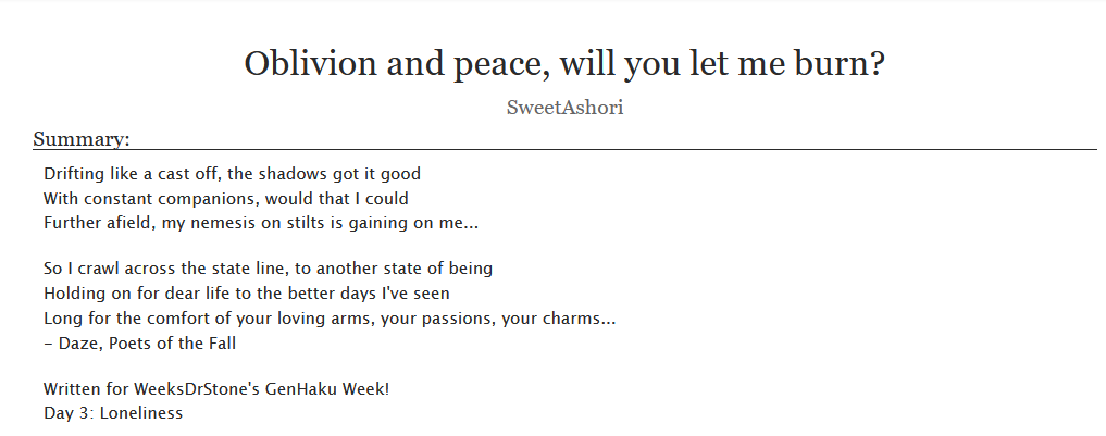 SweetAshori's tweet photo. @WeeksDrStone #GenHaku #KohaGen #GenHakuWeek #ゲンコハ

Oblivion and peace, will you let me burn?
Rating: T
AO3: https://t.co/EaBYWSSXmY
FF: https://t.co/2CNfA3oCR5

(Angsty romance, with a faint hint of comedy. Gen gets carried like a princess off-screen. 🤣) https://t.co/ZRc8VZtuUe